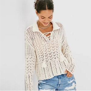 American Eagle crochet polo Sweater Cream Open Knit Tassel Tie Boho sz XS